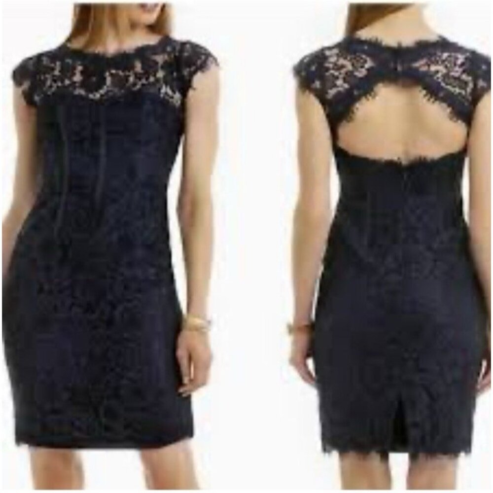 Monique Lhuillier Dress 12 Black Lace Sheath Open Back Short Sleeve $695